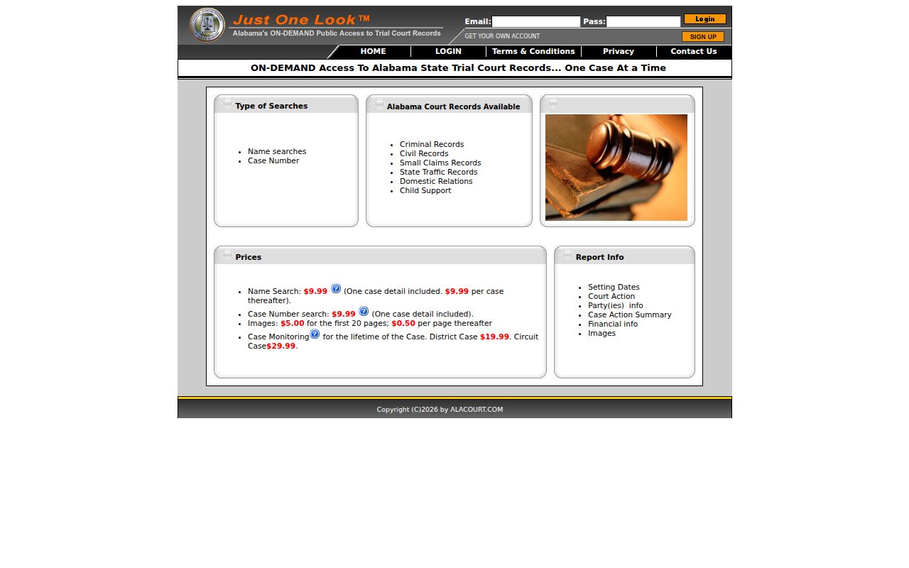 Alacourt ACCESS portal for searching Alabama court records