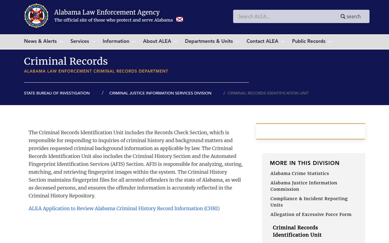 Alabama Law Enforcement Agency criminal records information page