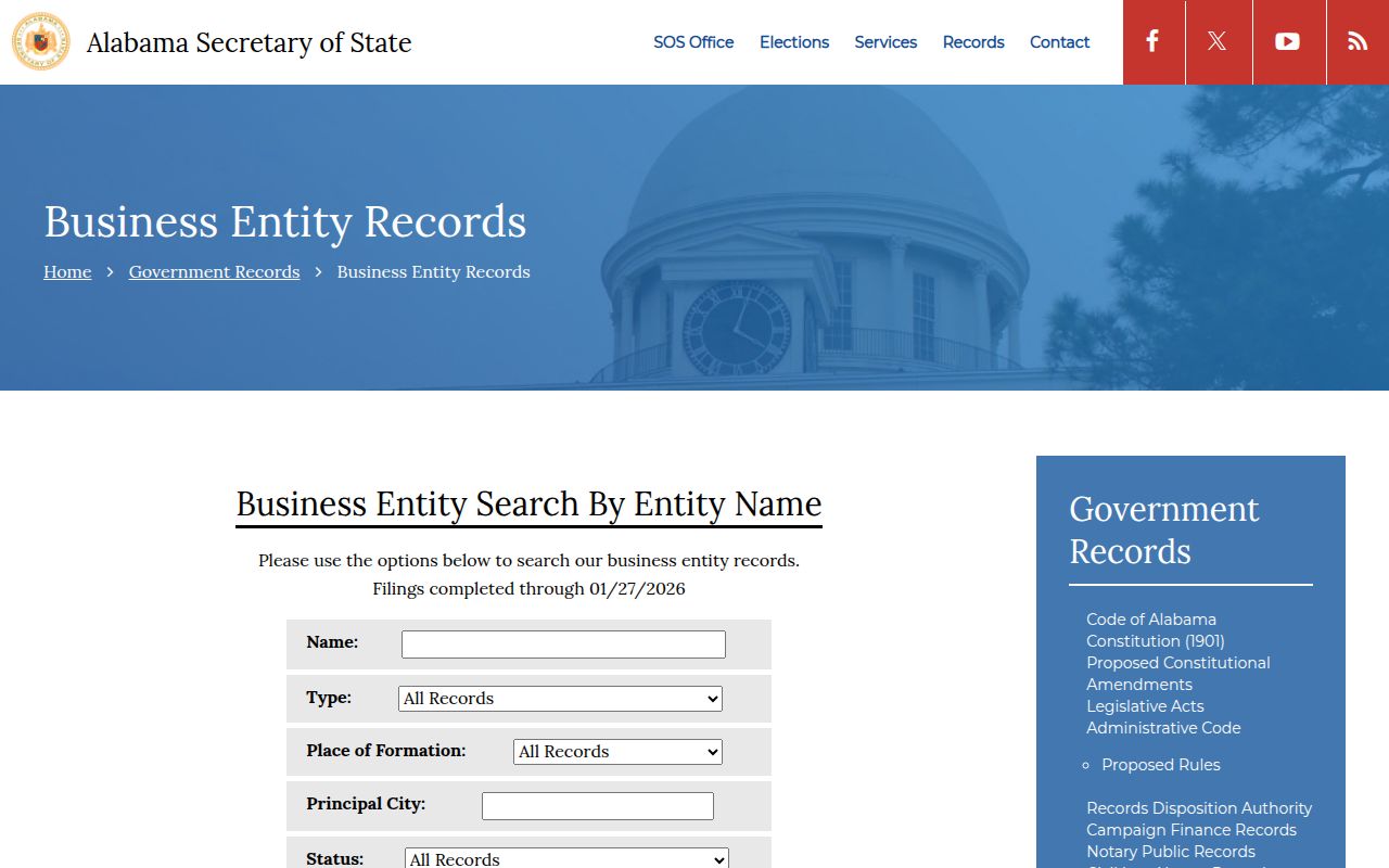 Alabama Secretary of State business entity search portal